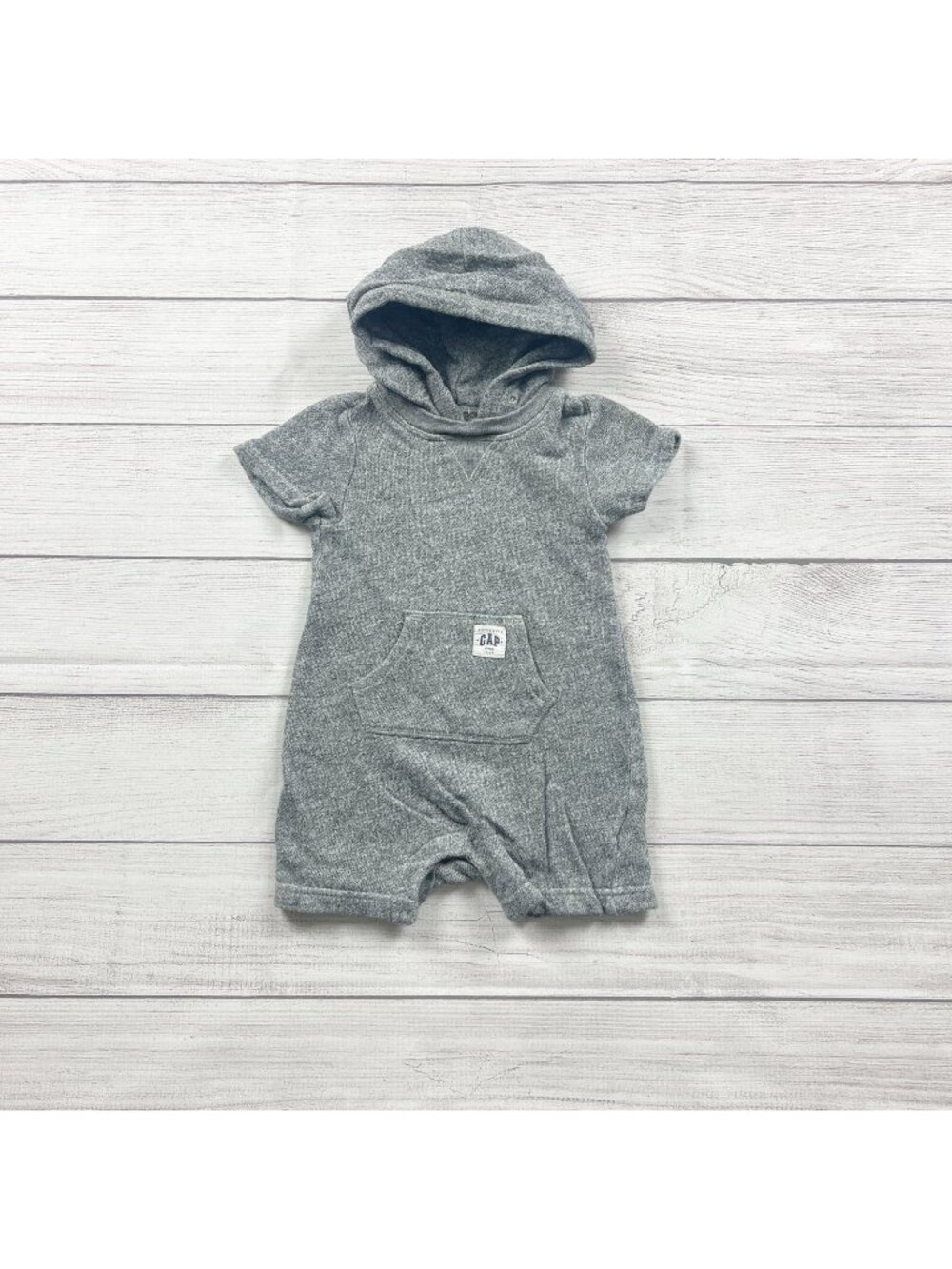 Baby Gap Gray Hooded Short Sleeve Romper Front Pocket 18-24 Months
